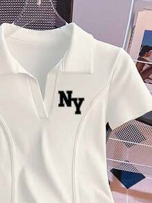 Camiseta de mujer casual de manga corta con cuello polo, estampado de caballero a rayas y contraste de color - Blanco 2 - Ver 4