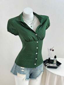 Camisa de mujer con cuello en V, cintura fruncida y manga corta, color blanco, para primavera/verano - Verde Oscuro - Ver 3