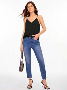 Top de camiseta sin mangas de color negro unicolor, uso casual de negocios, camiseta de otoño - Negro 4 - Ver 3