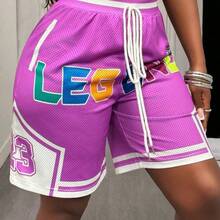 2025 Summer New College Style Ball Game Uniforms For Birthday Parties Graduation Season Students Wear Daily Street Basic Versatile Casual Popular Online Ball Game Shorts Straps Letter Print Mesh Semi-Transparent Women's Shorts,High Waisted Shorts - Multicolor - Ver 7