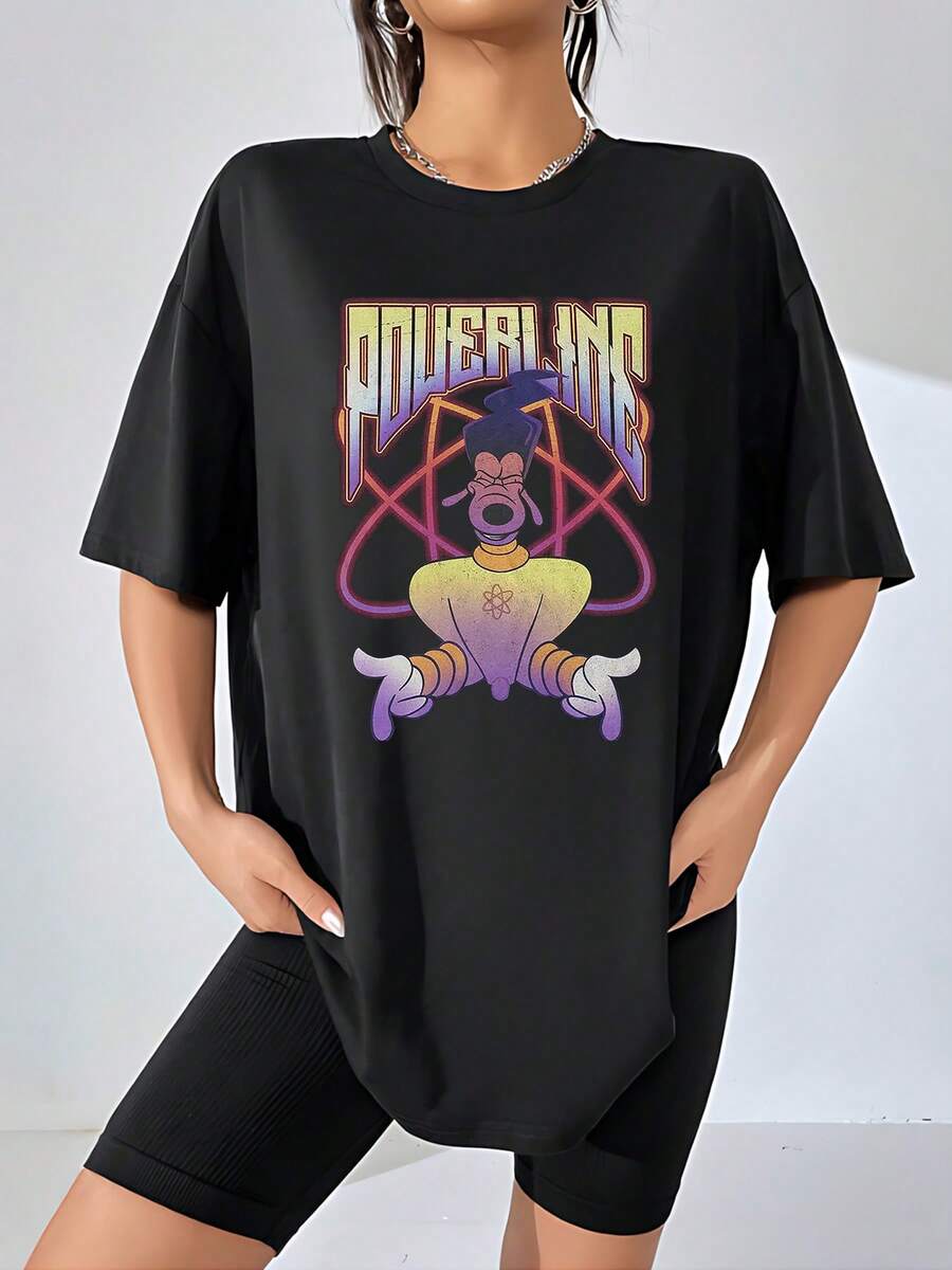 Animated Character Figure Conveying Energy And Confidence With Purple And Yellow Gradient Colors Evoking Inner Power And Universal Connection; Comfortable Casual Women's T-Shirt For Everyday Wear - Black - View 1