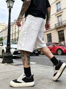 Men's Fashionable Crochet Denim Shorts - Beige - View 6