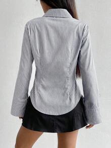 Camisa de manga larga casual a rayas que ciñe la cintura, apta para primavera/verano/otoño, tops de manga larga - Multicolor 7 - Ver 2