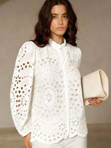 Nueva llegada Blusa de manga larga con bordado, estilo francés casual, con pliegues y calados en la parte delantera - Blanco - Ver 5