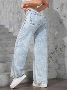 ICON Solid Color Wide Leg Pocket Jeans, Casual And Versatile - 淺色水洗 7 - 查看 9