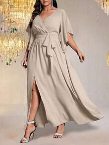 Vestido maxi elegante de fiesta con abertura, cuello en V ajustado, mangas acampanadas y cintura fruncida, talla grande para mujer - Albaricoque - Ver 3