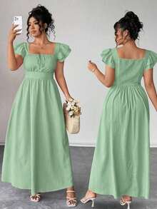 Vestido elegante de talla grande para mujer con cuello cuadrado, mangas con volantes en capas, lazo delantero y trasero, diseño ajustado en la cintura y casual - Verde 2 - Ver 9