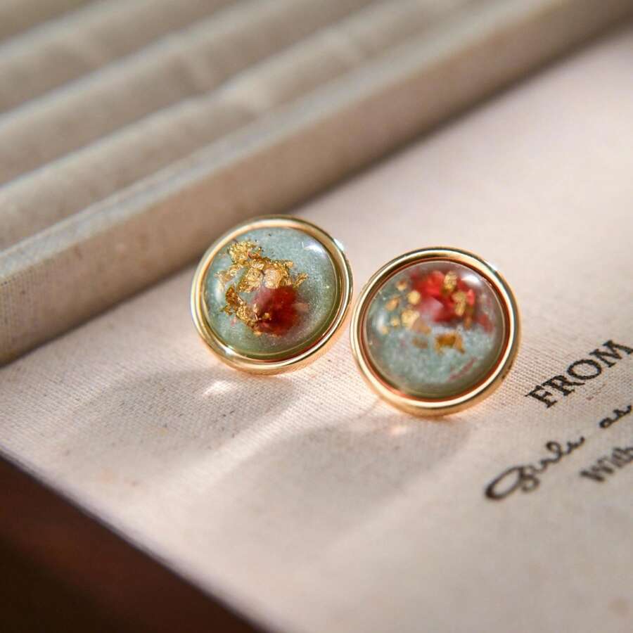 1 Pair Vintage Elegant Real Flower Gold Foil Jelly Glass Earrings, Suitable For Daily Wear, Gift - Light Blue Vintage Real Flower Stud Earrings - View 1