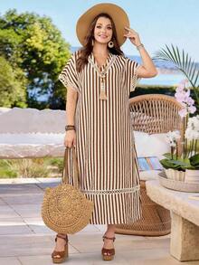 Vestido casual holgado de unicolor con cuello en V y mangas cortas para mujer de talla grande - Multicolor - Ver 8
