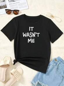 Women's Oversized T-Shirt With The Slogan "IT WASN'T ME" - Gray, Casual Round Neck Short Sleeve T-Shirt With White Letter Print, Relaxed Fit Ideal For Casual Outfits, Parties & Social Gatherings - 黑色 - 查看 1