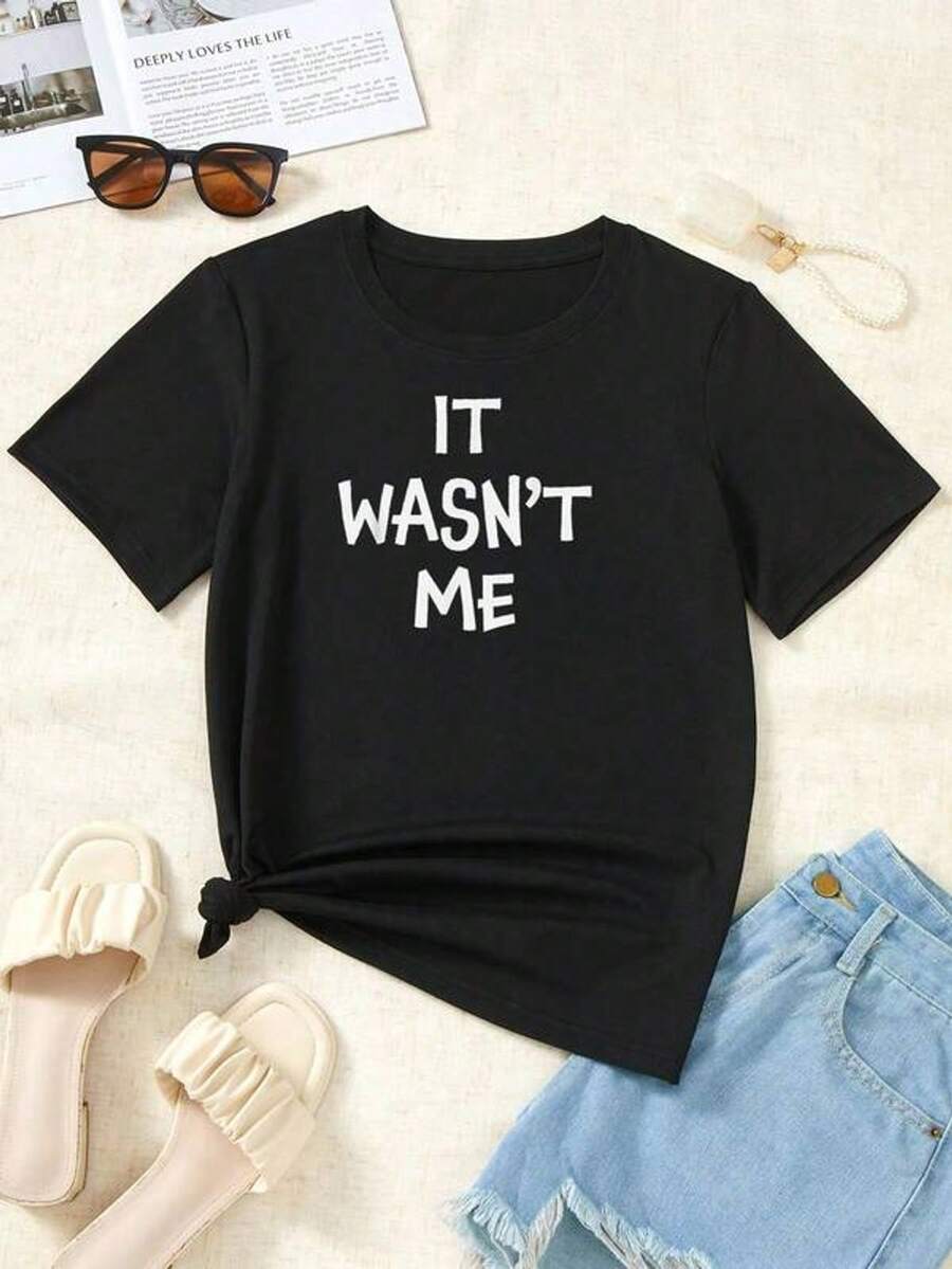 Women's Oversized T-Shirt With The Slogan "IT WASN'T ME" - Gray, Casual Round Neck Short Sleeve T-Shirt With White Letter Print, Relaxed Fit Ideal For Casual Outfits, Parties & Social Gatherings - 黑色 - 查看 1