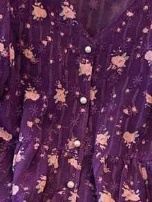 Blusa de mujer con cuello en V bordada de estilo romántico francés de manga corta - Morado - Ver 5