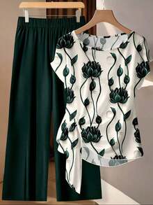Conjunto de 2 piezas de blusa con lazo y pantalones rectos para mujer, informal - Multicolor 6 - Ver 6