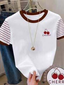 Camiseta de mujer de manga corta con cuello redondo, bloque de color, bordado de corazón a rayas y versátil - Blanco 7 - Ver 1