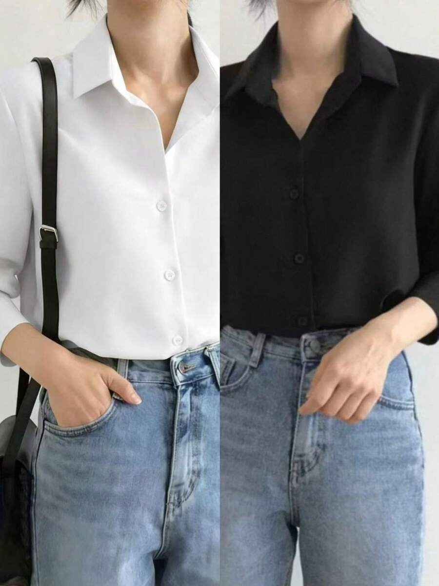 ISADORA MODA Women's Long-Sleeved Shirt, Polyester Fabric, One Button On The Cuffs, Available In White And Black, Sizes S, M, L - branco+preto(2 peças) - 查看 1