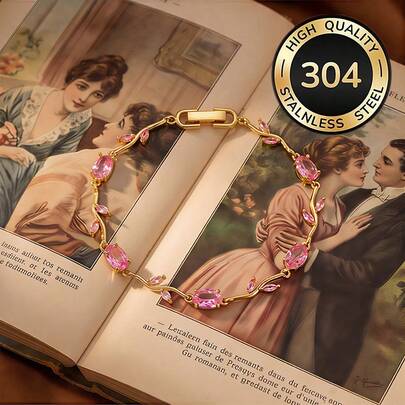 Pulsera de hoja con baño de oro y circonita cúbica rosa, diseño elegante de vid con cadena de cristal, joyería femenina delicada para uso diario y de fiesta