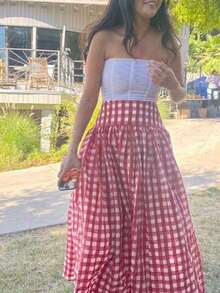 Falda larga de línea A a cuadros elegante y casual para mujer ELVA, adecuada para la playa, ligeramente elástica, apropiada para conciertos, fiestas del té, festivales, el Día de la Madre y otras ocasiones, también adecuada para la escuela, ceremonias de graduación, bodas y cómoda para el trayecto diario de primavera - Rojo y blanco - Ver 3