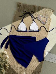 Conjunto de bikini de 3 piezas de unicolor para playa/vacaciones - Azul marino - Ver 2