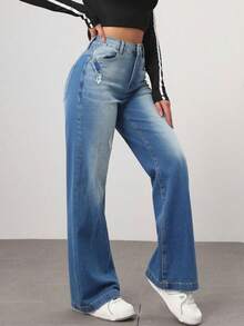 Pantalones rectos de mezclilla azul medio lavados con roturas, cintura media, holgados y con caída elegante - Lavado ligero - Ver 3