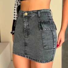 Graphite And Blue Cargo Denim Skirt With Side Pockets. - Xám - Xem 2