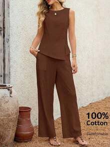 2 piezas Conjunto casual de uso diario con top y pantalones con diseño de abertura de jacquard para mujer - Marrón - Ver 10