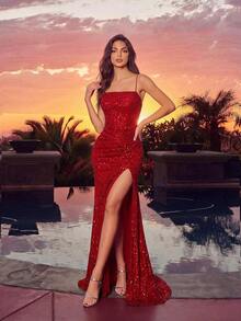 Vestido maxi con lentejuelas, elegante, con tirantes finos cruzados, espalda descubierta, cintura fruncida, abertura frontal y espalda con lazo, adecuado para fiestas, eventos, invitados de boda, ocasiones formales, galas, fiesta de Año Nuevo Primavera Negro - Rojo - Ver 3