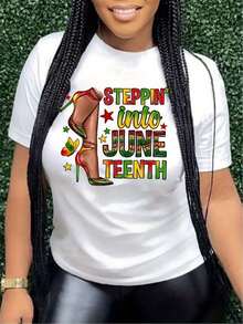 Camiseta Casual para Mujer con Estampado 'Stepin' Into Juneteenth' - Manga Corta, Cuello Redondo, Blanca con Diseño de Letras Coloridas y Botas, Lavable a Máquina, Top de Moda Primavera Verano, Camiseta de Algodón para Mujer - Blanco - Ver 1