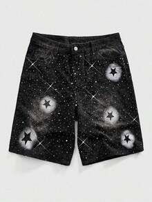 Pantalones cortos de mezclilla lavados con bordado de cruz de diamantes brillantes, de uso casual, de moda y para el transporte diario en verano para hombres - Negro 3 - Ver 2