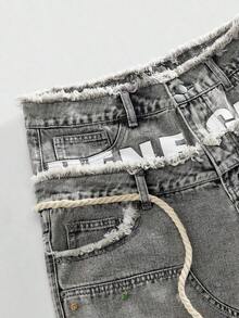 ROMWE MEN Street Life Pantalones cortos de mezclilla con doble cintura y bordado para hombres - Gris Claro - Ver 3