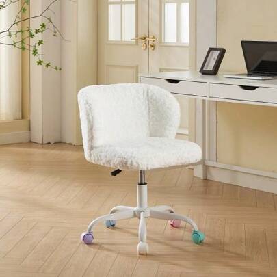 Girls Faux Rabbit Fur Desk Chair, Cute Fluffy Adjustable Swivel Vanity Chair With Silent Colorful Wheels, Soft Upholstered Office Chair For Bedroom, Study Room And Dorm, Cream,Beige