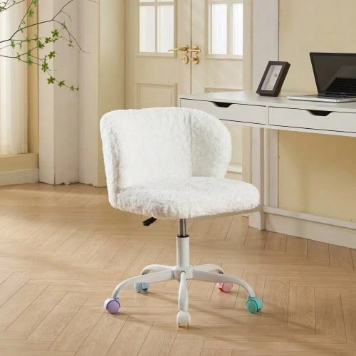 Girls Faux Rabbit Fur Desk Chair, Cute Fluffy Adjustable Swivel Vanity Chair With Silent Colorful Wheels, Soft Upholstered Office Chair For Bedroom, Study Room And Dorm, Cream,Beige - Cream - View 1