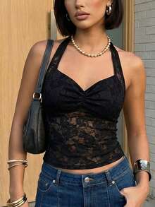 Women's Y2K Lace Halter Tops Sexy See Through Tank Crop Top Going Out Tops Basic Camisole Tops Cute Tops Streetwear - 黑色 - 查看 5
