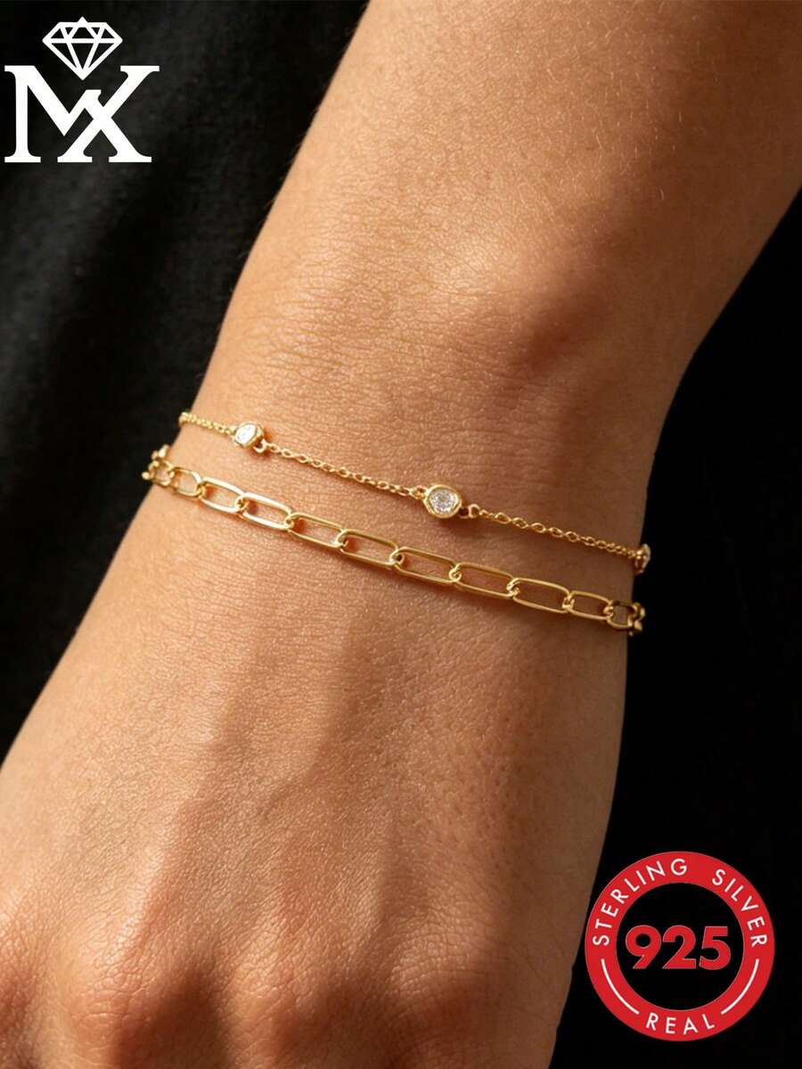 SYMFNY 1件装奢华简约925银几何链条设计经典百搭双层手链，女士日常通勤生日情人节精致小众珠宝礼物 - 手鍊 - 查看 1