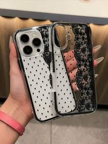 1pc Lace Polka Dot Pattern Dual-Tone Black Shockproof Phone Case, TPU Material, Suitable As Holiday Gift, Compatible With Apple 11 12 13 14 15 16 Pro/Pro Max/14 15 16 Plus/17, Unisex - Multicolor - View 5