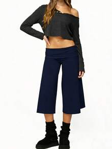 Y2K Fold-Over Waist Wide Leg Cropped Culottes, Low-Rise Casual Knit Pants For Women, Multi-Color Options - 孔雀藍 - 查看 7
