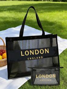Bộ túi tote lưới in hình London, Anh, màu đen, kèm túi đựng đồ có khóa kéo, túi xách tote trong suốt dung tích lớn, lý tưởng cho bãi biển, hồ bơi, du lịch và sử dụng hàng ngày, túi tote chống thấm nước đựng đồ bơi, khăn tắm và đồ dùng cần thiết, phù hợp cho phụ nữ, du khách và những người yêu thích biển, hoàn hảo cho kỳ nghỉ hè, du lịch và quà tặng ngày lễ, đa năng như túi tote đi biển, túi hồ bơi, túi du lịch và túi mua sắm. - Nhiều màu - Xem 4