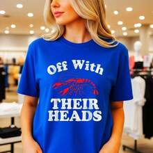 Women's Vintage Cotton Graphic T-Shirt - "Off With Their Heads" Lobster Print, Short Sleeve, Round Neck, Loose Fit, Various Sizes, Summer Fashion, Funny Food Saying T-Shirt For Daily Wear, Vacation, Beach, Party, Gift Idea. - 藍色 - 查看 7