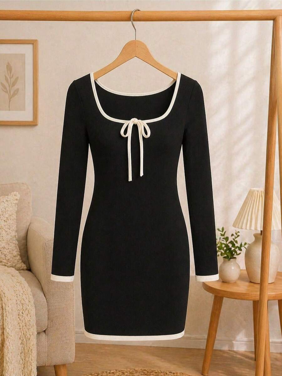 Women's Midi Dress: Vestido de mujer con cuello cuadrado y manga larga - Negro - Ver 1