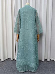 女款亮片刺繡V領長袖A字洋裝，優雅派對婚禮穆斯林女裝，秋季適用 - 綠色 - 查看 7