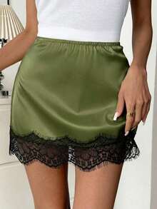 Falda evasé con estampado de leopardo y encaje en contraste para mujer - Verde - Ver 4