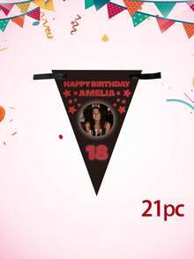 Bandeirola de aniversário personalizada com foto e texto, bandeirinha triangular personalizada com nome e idade, decoração para festa de aniversário de 18/21/30 anos, bandeirinha triangular preta com estrelas brilhantes, decoração para festa de aniversário. - Multicolorido - Ver 18