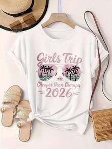 Camiseta Casual Estampada de Moda para Mujer 2026: Viaje Vintage en Grupo Más Barato que la Terapia, Adecuada para Todas las Temporadas  
 -BlackFashion - Blanco - Ver 2