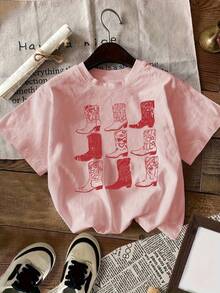 [Diseño Especial]Camiseta Casual para Mujer con Estampado de Botas y Estilo Vaquero Occidental - Negro - Ver 7