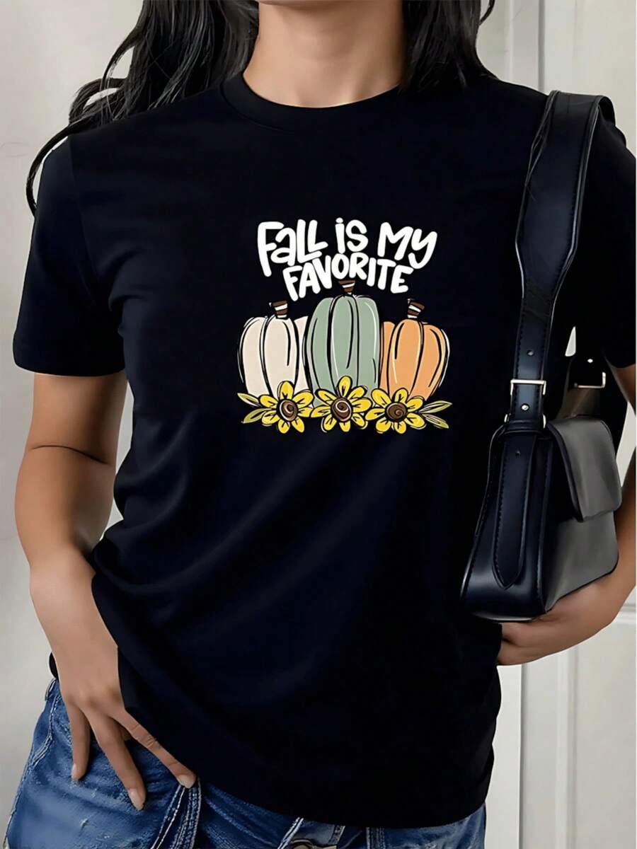 Women's T-Shirt Made Of Pure Cotton With A Graphic Print Of Pumpkins And Sunflowers, Casual And Comfortable Style, Ideal For Autumn And Spring, Round Neck And Short Sleeves - 黑色 - 查看 1