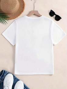 Camiseta de manga corta de talla grande para mujer - Camiseta básica casual de corte holgado, elegantes blusas de poliéster, camisa elegante para mujer, estampado de letras simple y básico para damas, camiseta de manga corta, top versátil, moderno y casual para el verano, transpirable y cómodo. - Blanco - Ver 2