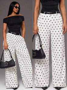 Pantalones anchos de pierna ancha de color café oscuro de moda minimalista para mujeres, pantalones de tela marrón de pierna ancha para el trabajo, pantalones de tiro alto de pierna ancha marrón para mujeres, pantalones de traje marrón para otoño/invierno - Multicolor - Ver 9
