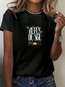 Printed T-Shirts For Women, Plus-Size Urban Style Tops, Comfortable And Stylish Summer T-Shirts That Go With Everything. | 1 Women's Breathable Cotton T-Shirt | Women's White Rufus Du Sol Printed T-Shirt With Beach Design For Summer Casual Fashion For Women Plus Size Bohemian Style Clothing - Ideal For Summer - 黑色 - 查看 1