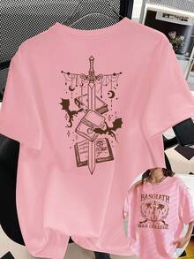 Camiseta de mujer con estampado de verano de doble cara vintage - Estampado de dragón de la Academia de  Basjiat, adecuada para verano y primavera, la ropa de mujer es sencilla, cómoda, holgada, con cuello redondo en forma de Y, a la moda. - Albaricoque - Ver 9
