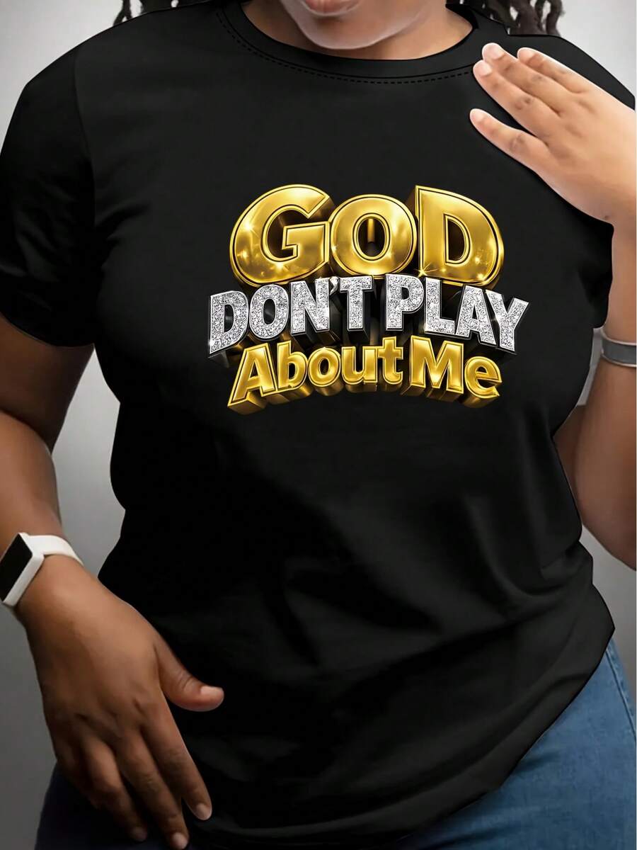 Camiseta con Estampado "God Won't Tease Me", Manga Corta, Cuello Redondo Casual, Ropa de Mujer para Primavera/Verano, 100% Algodón - Negro - Ver 1