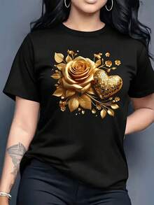 Women's Soft Cotton Black T-Shirt With Gold Floral Design, Rose And Sparkly Heart, Elegant Graphic Print, Casual Summer Fashion, Comfortable - 黑色 - 查看 6